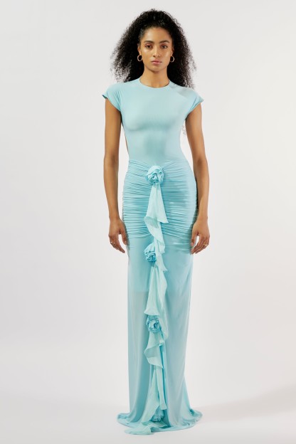 3D Flower Ruched Backless Maxi Dress