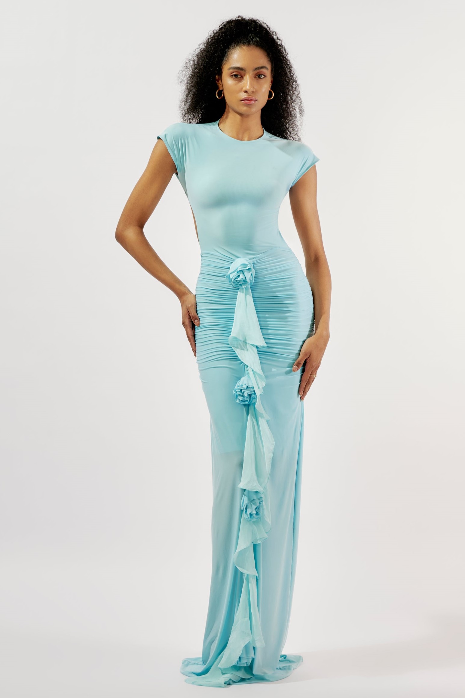 3D Flower Ruched Backless Maxi Dress