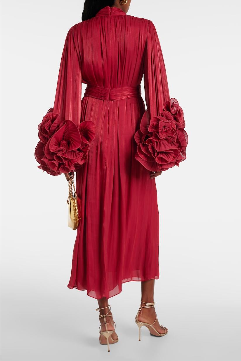 3D Flower Solid Long Sleeve Midi Dress