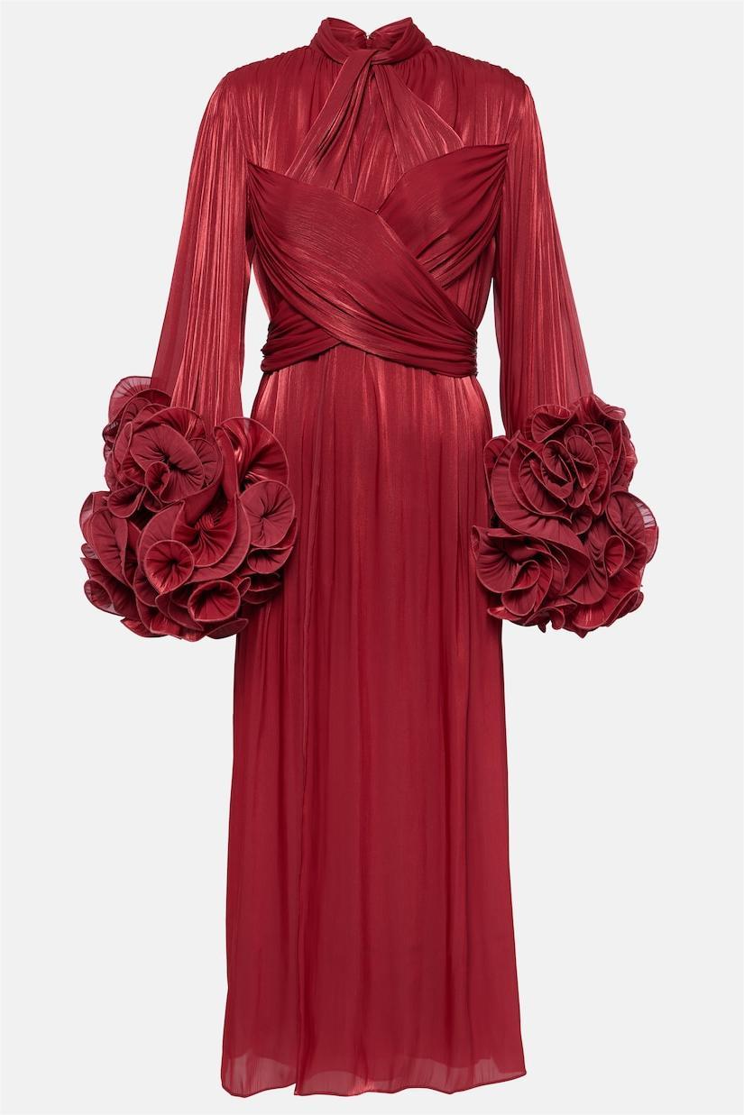 3D Flower Solid Long Sleeve Midi Dress