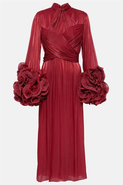 3D Flower Solid Long Sleeve Midi Dress