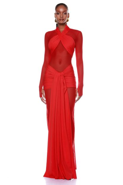 Long Sleeve Mesh Ruched Maxi Dress