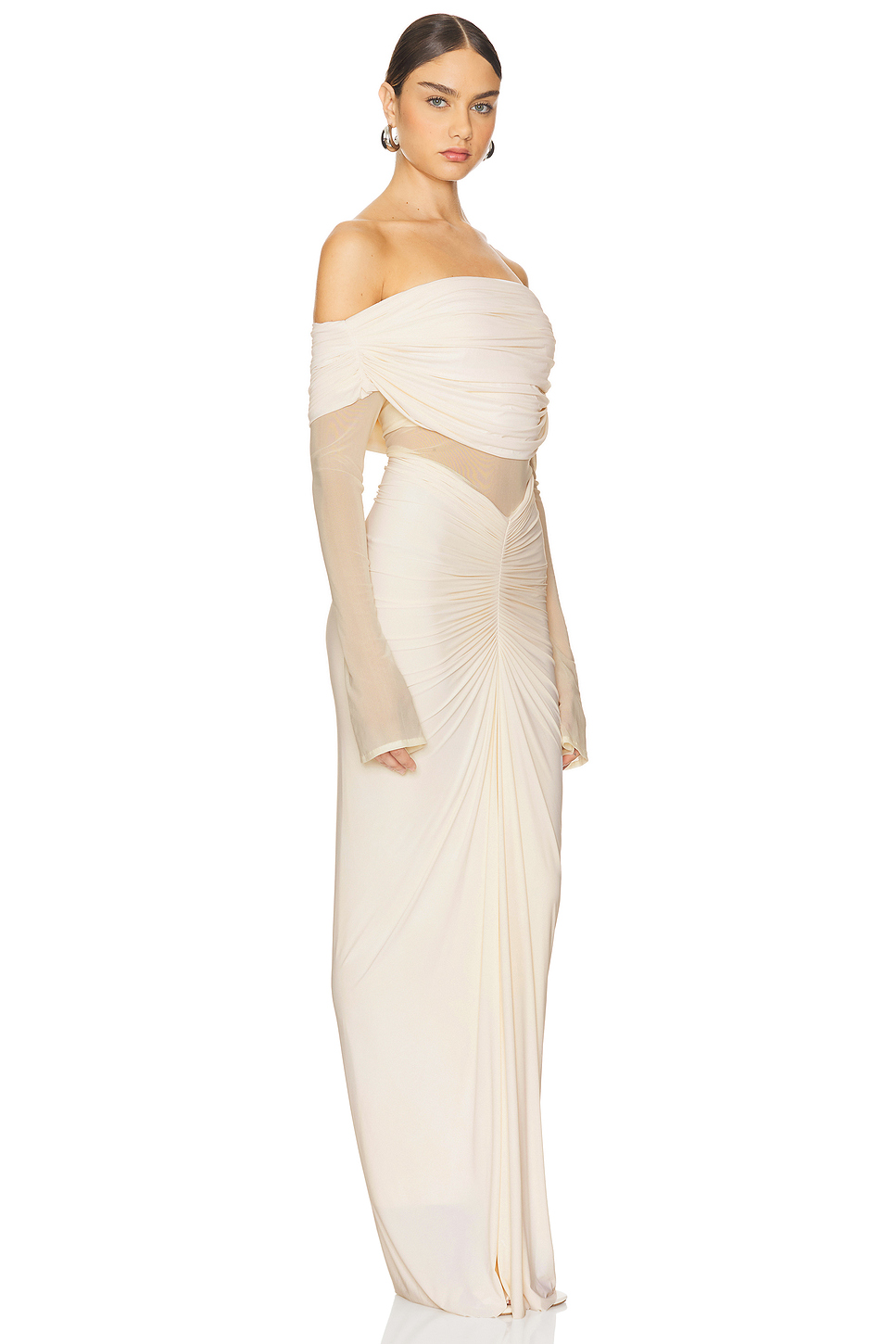 Off Shoulder Long Sleeve Ruched Maxi Dress