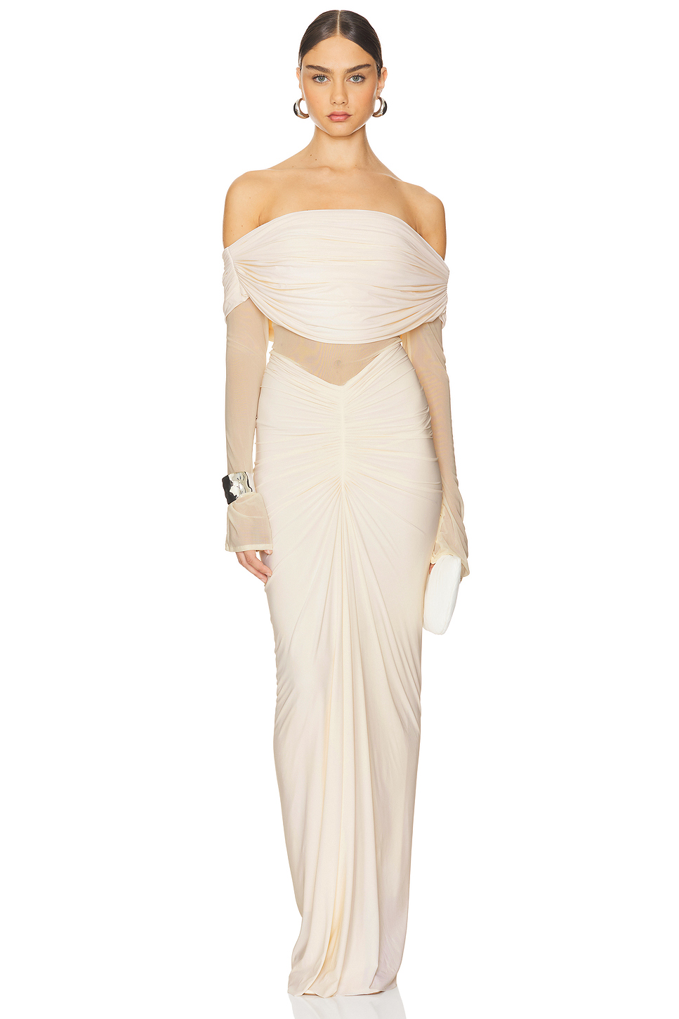 Off Shoulder Long Sleeve Ruched Maxi Dress