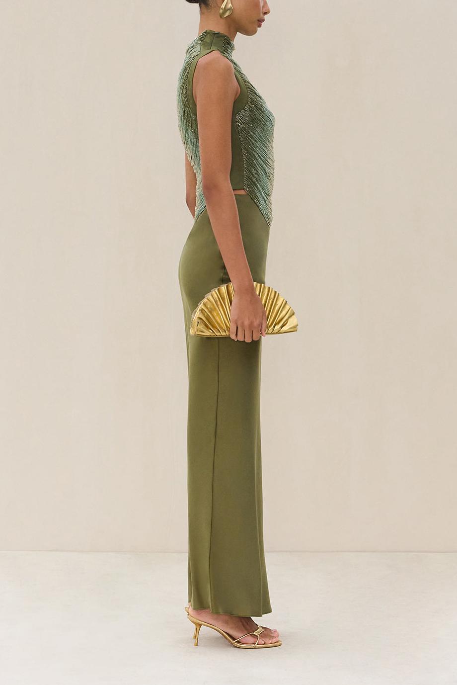 Tassels Sleeveless Top & Satin Low Waist Maxi Skirt Set