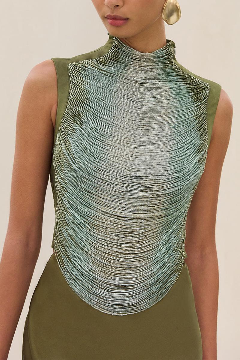 Tassels Sleeveless Top & Satin Low Waist Maxi Skirt Set