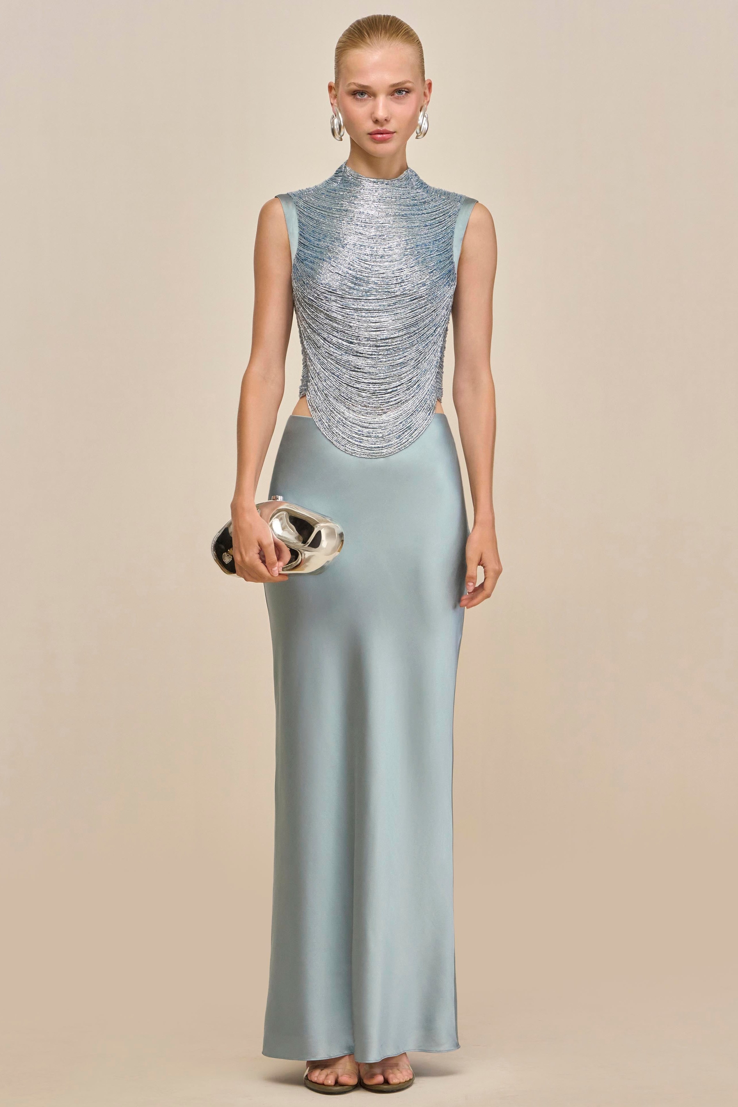 Tassels Sleeveless Top & Satin Low Waist Maxi Skirt Set