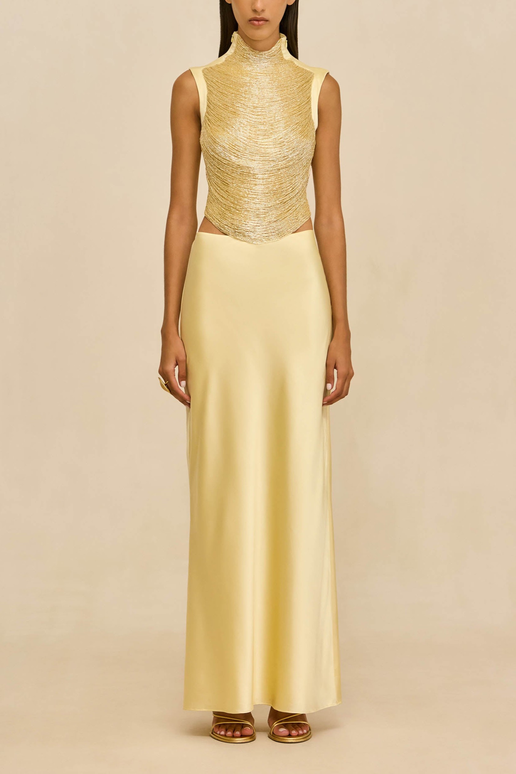 Tassels Sleeveless Top & Satin Low Waist Maxi Skirt Set