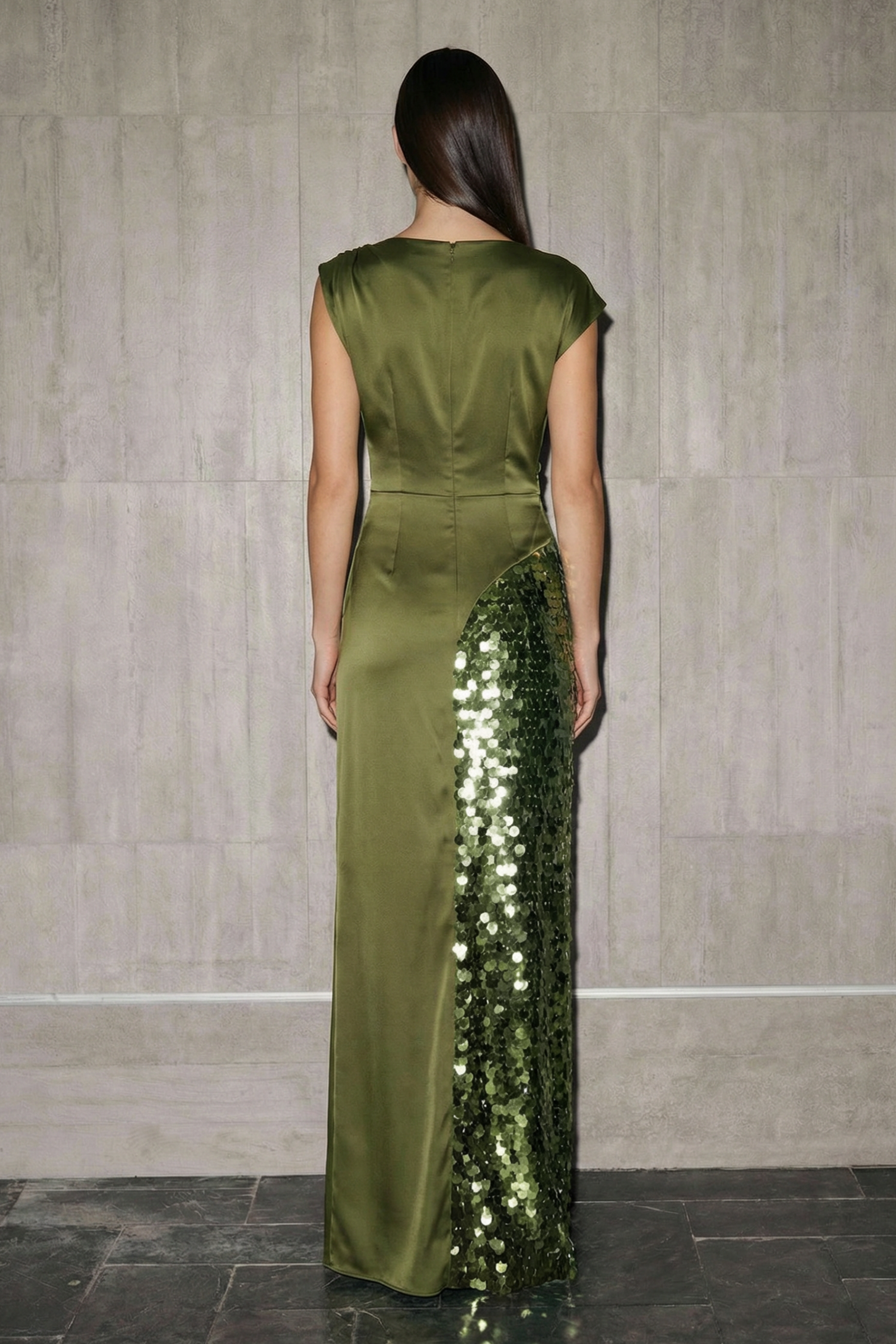 Satin Splicing Sequin Split Maxi Dress