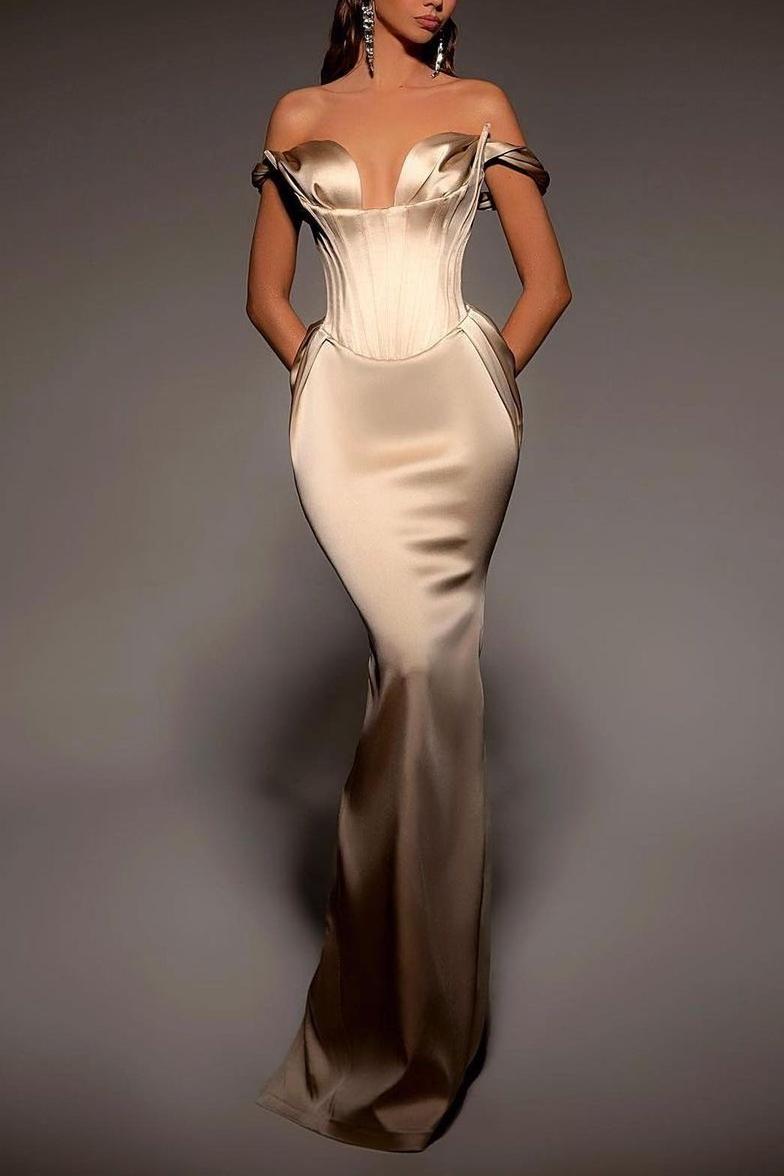Satin Corset Off Shoulder Maxi Dress