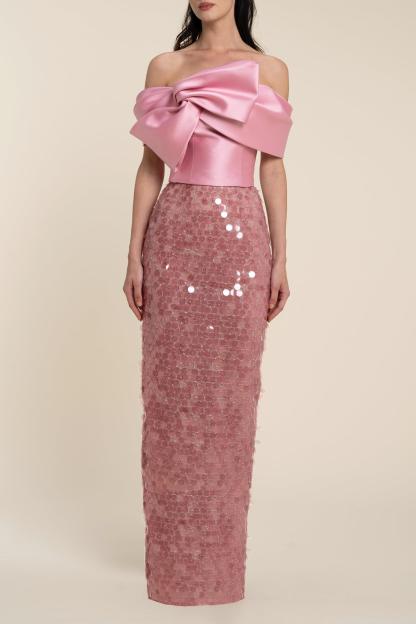 Bow Satin Splicing Sequin Maxi Dress