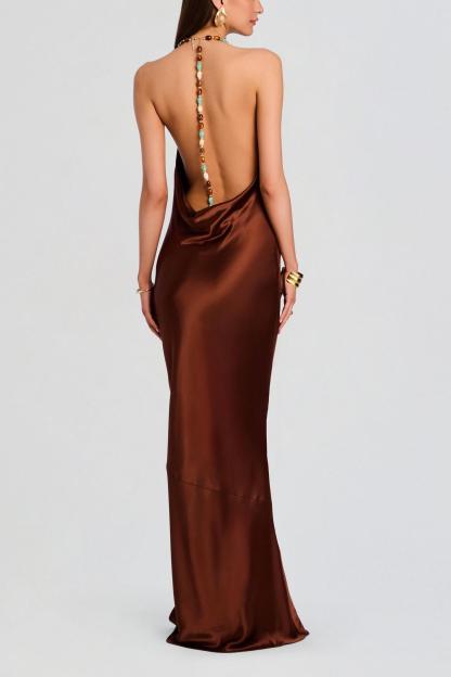 Beaded Halter Neck Satin Maxi Dress