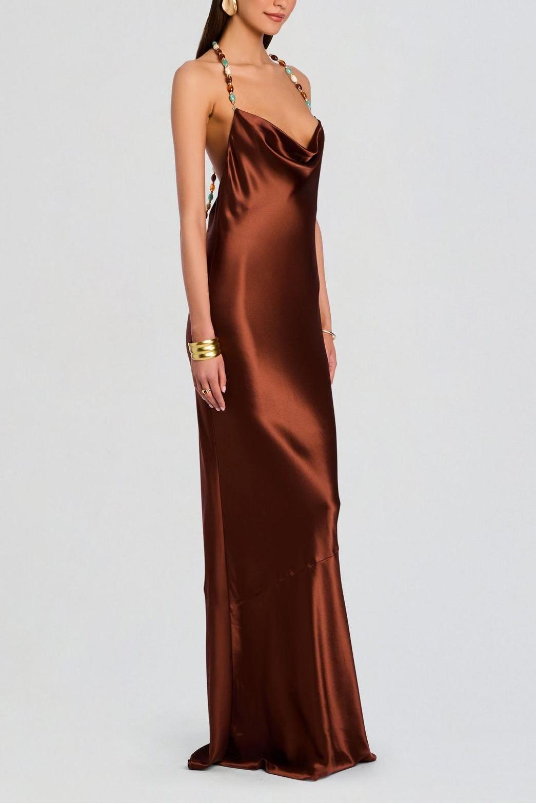 Beaded Halter Neck Satin Maxi Dress