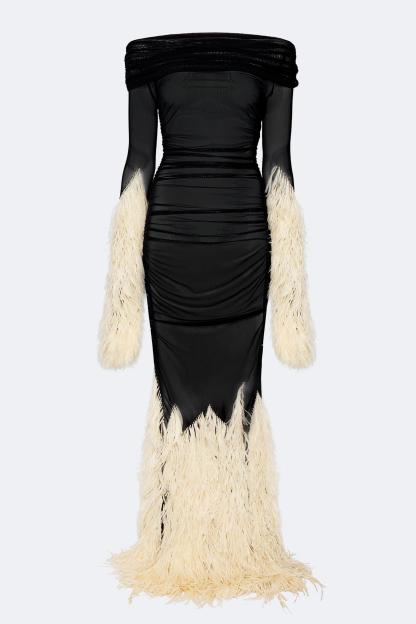 Feathers Splicing Mesh Off-Shoulder Maxi Dress
