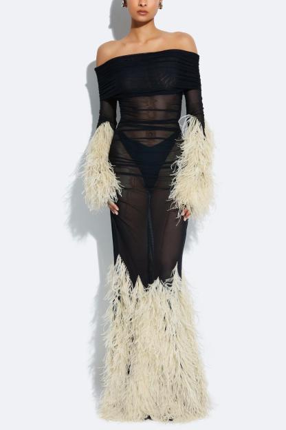 Feathers Splicing Mesh Off-Shoulder Maxi Dress