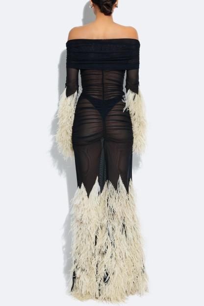 Feathers Splicing Mesh Off-Shoulder Maxi Dress