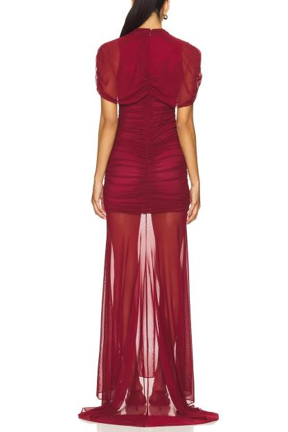 Mesh Cape Sleeve Ruched Maxi Dress