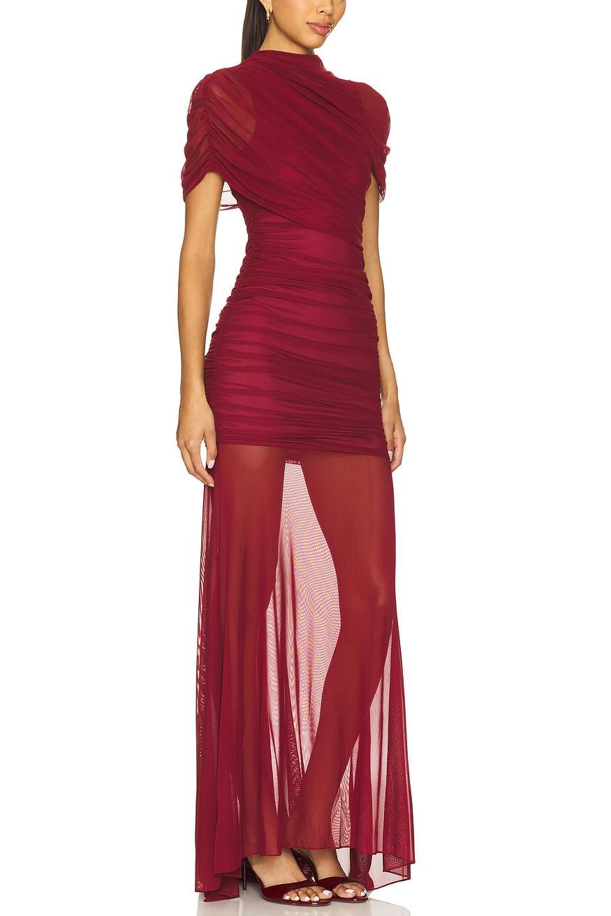 Mesh Cape Sleeve Ruched Maxi Dress