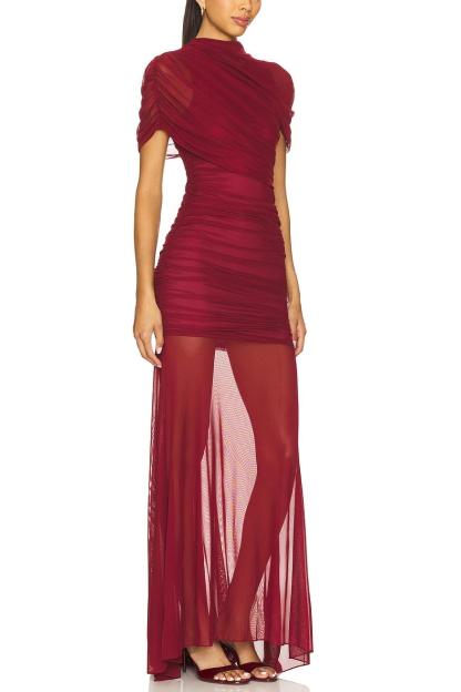 Mesh Cape Sleeve Ruched Maxi Dress