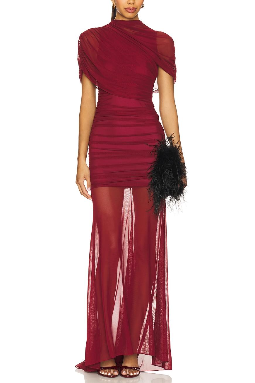 Mesh Cape Sleeve Ruched Maxi Dress