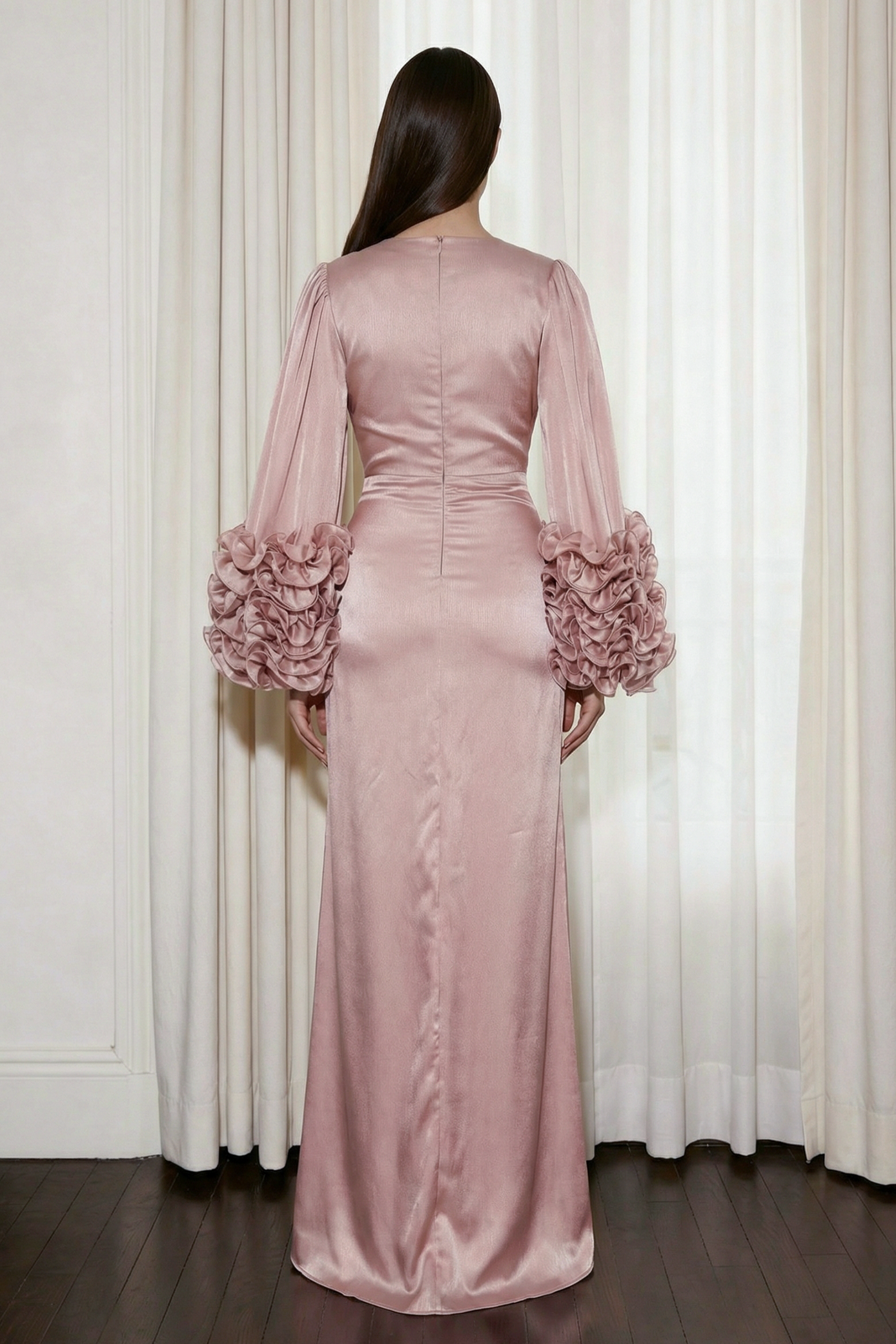 Satin Ruffle Gathering Slit Maxi Dress