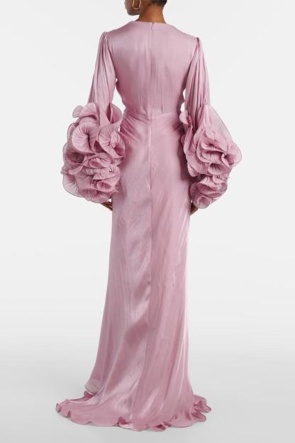 Satin Ruffle Gathering Slit Maxi Dress