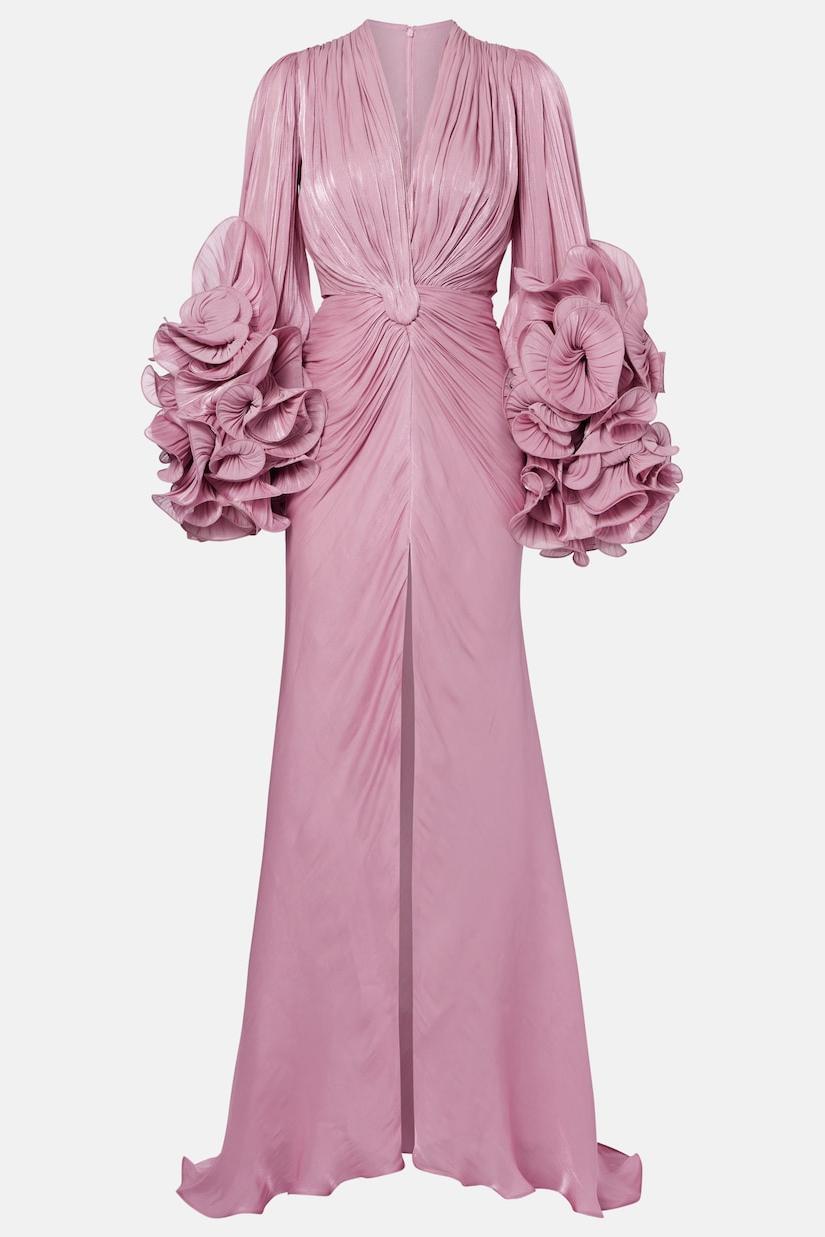 Satin Ruffle Gathering Slit Maxi Dress