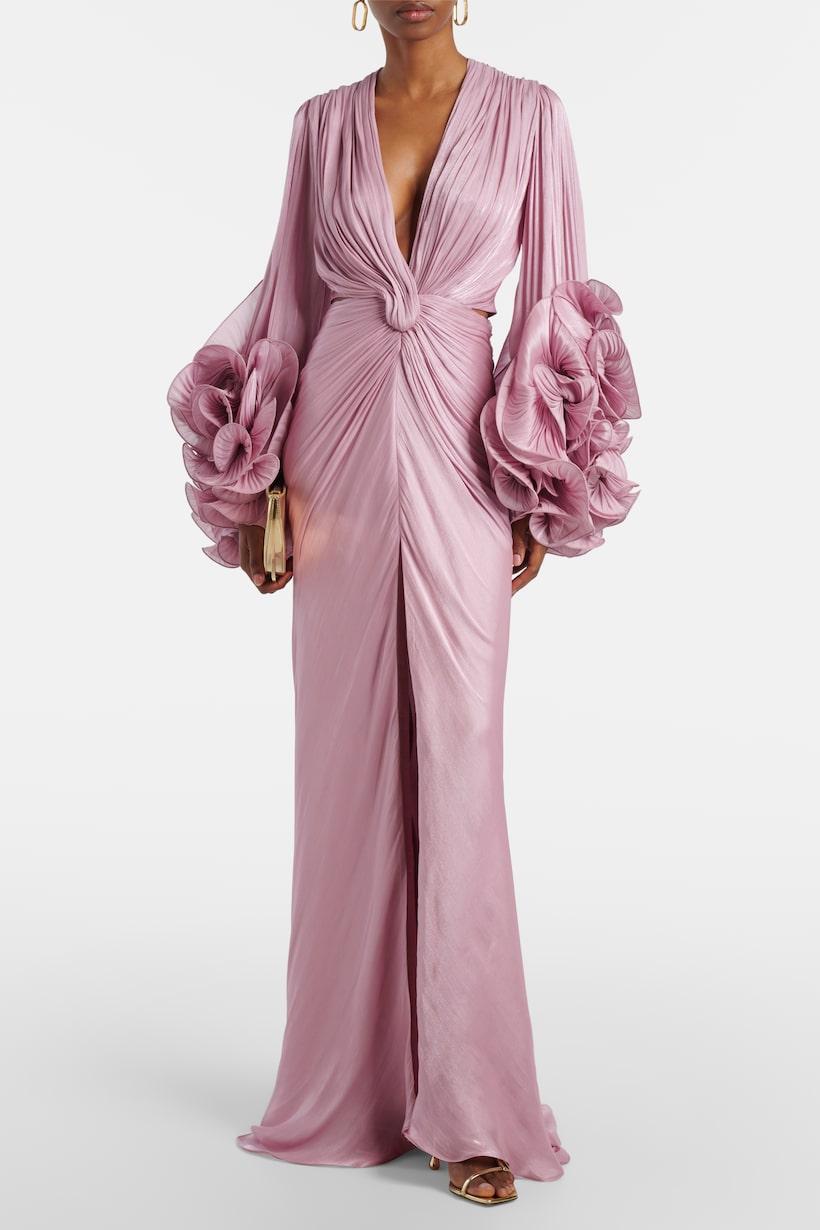 Satin Ruffle Gathering Slit Maxi Dress