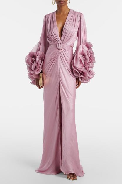 Satin Ruffle Gathering Slit Maxi Dress