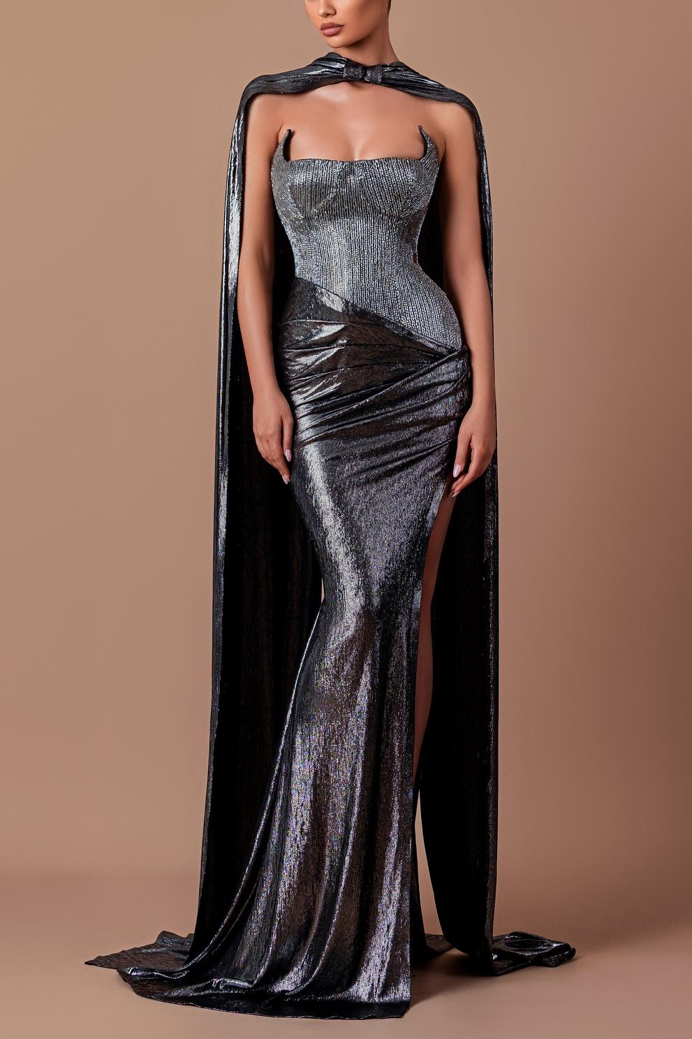 Metallic Fabric Slit Maxi Dress With Cape