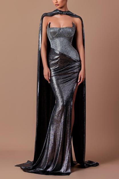 Metallic Fabric Slit Maxi Dress With Cape