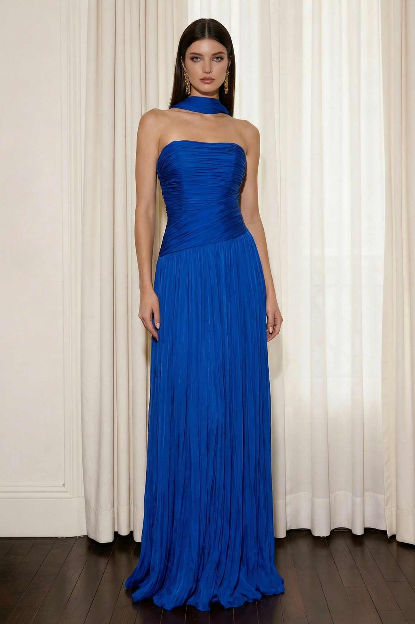 Chiffon Off-Shoulder Pleated Maxi Dress