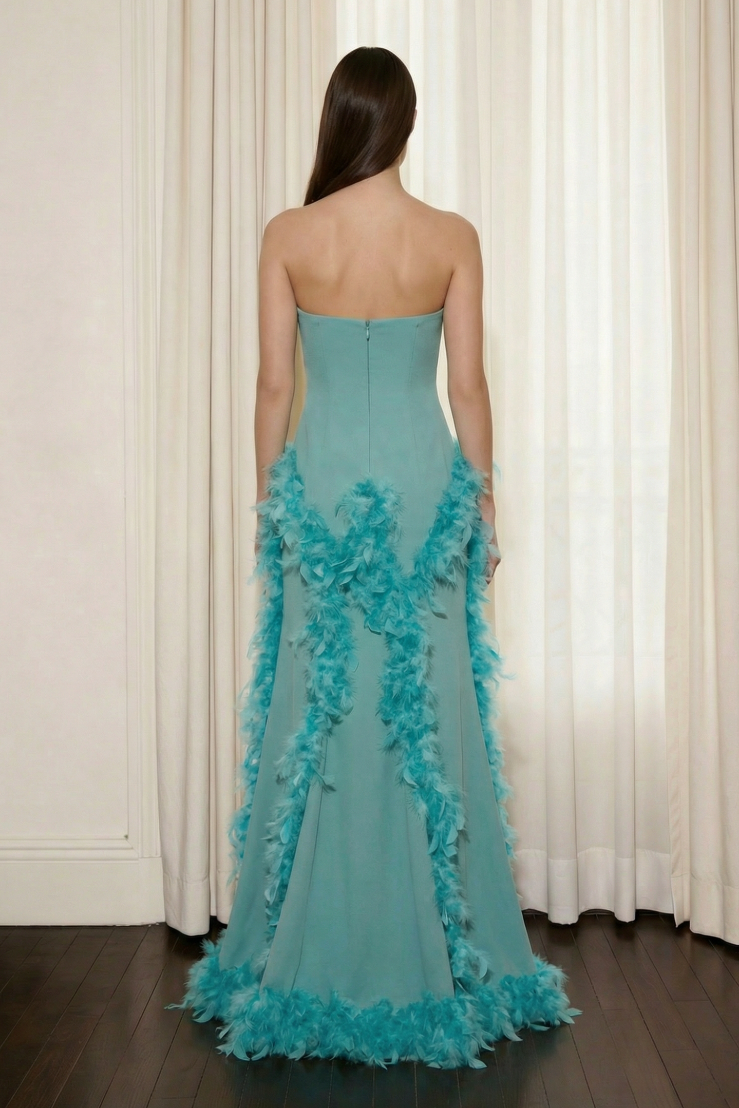 Feather Off-Shoulder Slit Maxi Dress