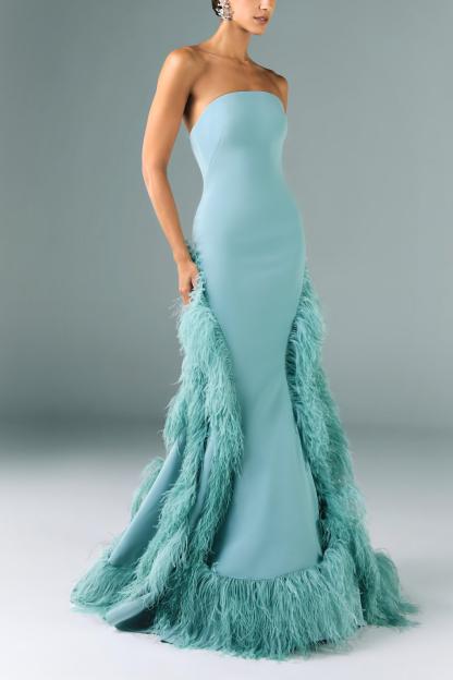 Feather Off-Shoulder Slit Maxi Dress