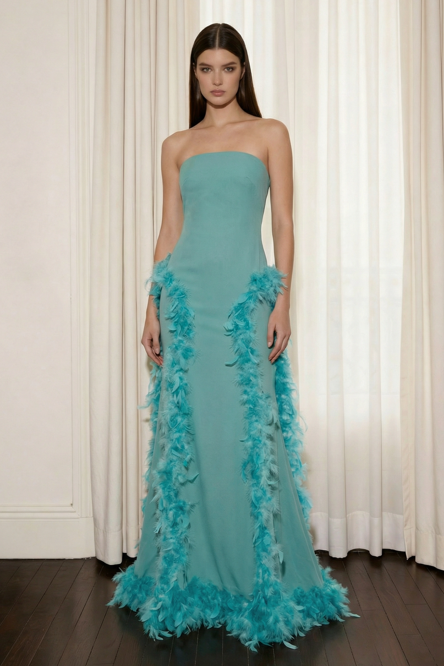 Feather Off-Shoulder Slit Maxi Dress