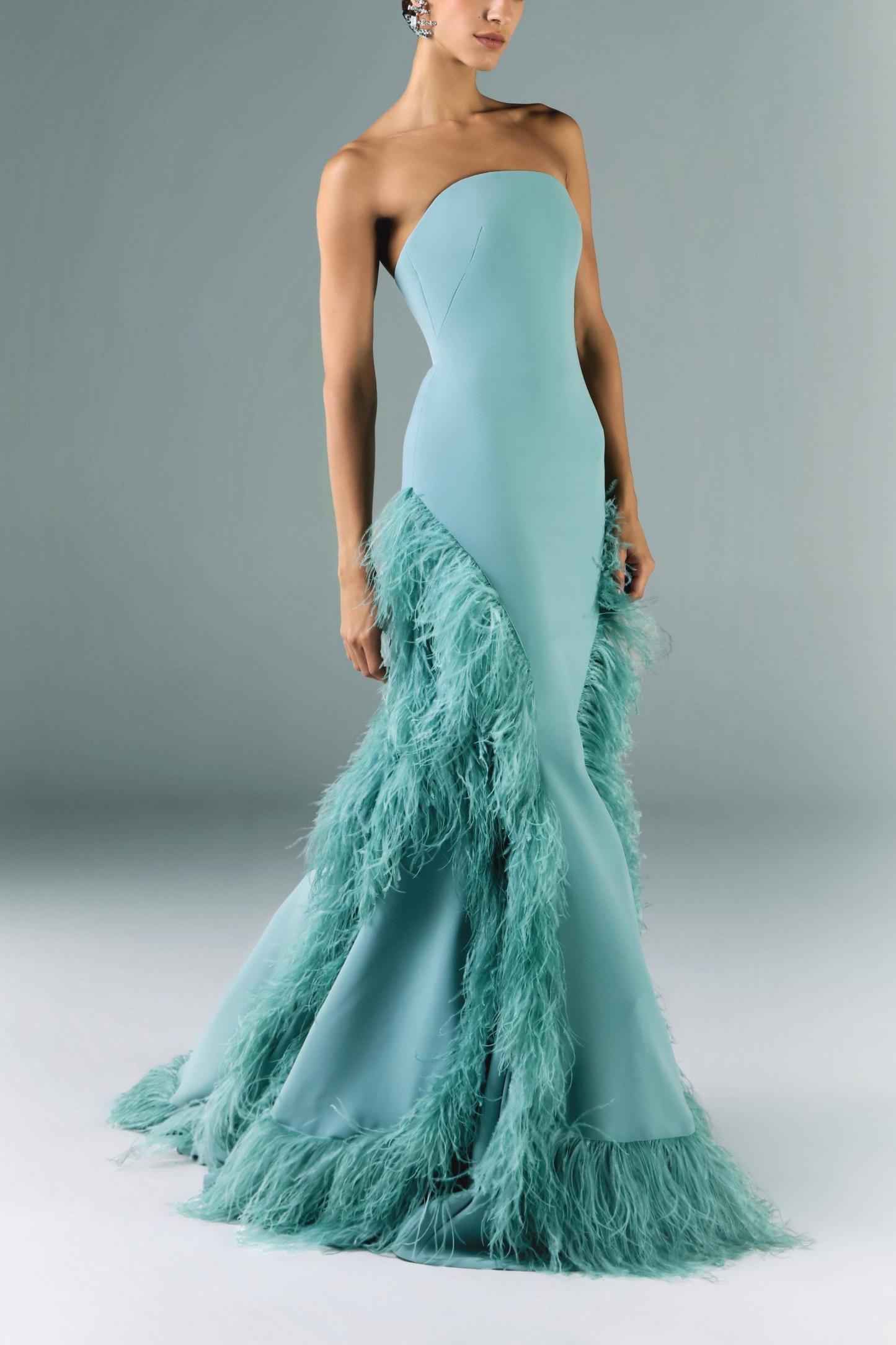 Feather Off-Shoulder Slit Maxi Dress