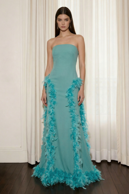 Feather Off-Shoulder Slit Maxi Dress