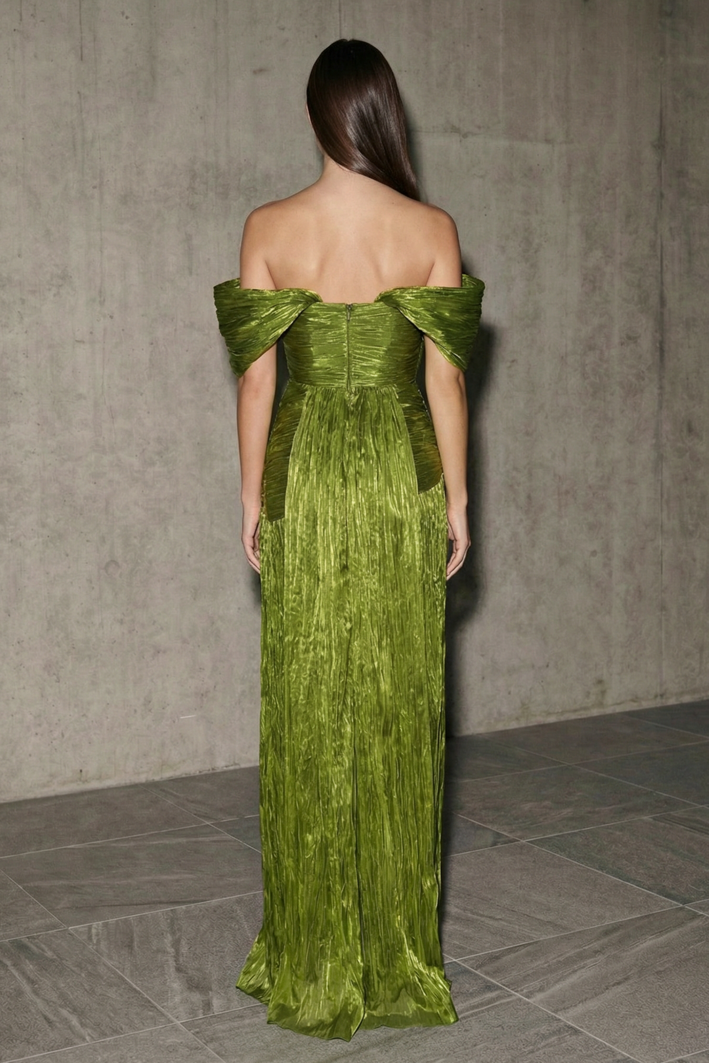 Off-Shoulder Gathering Slit Maxi Dress