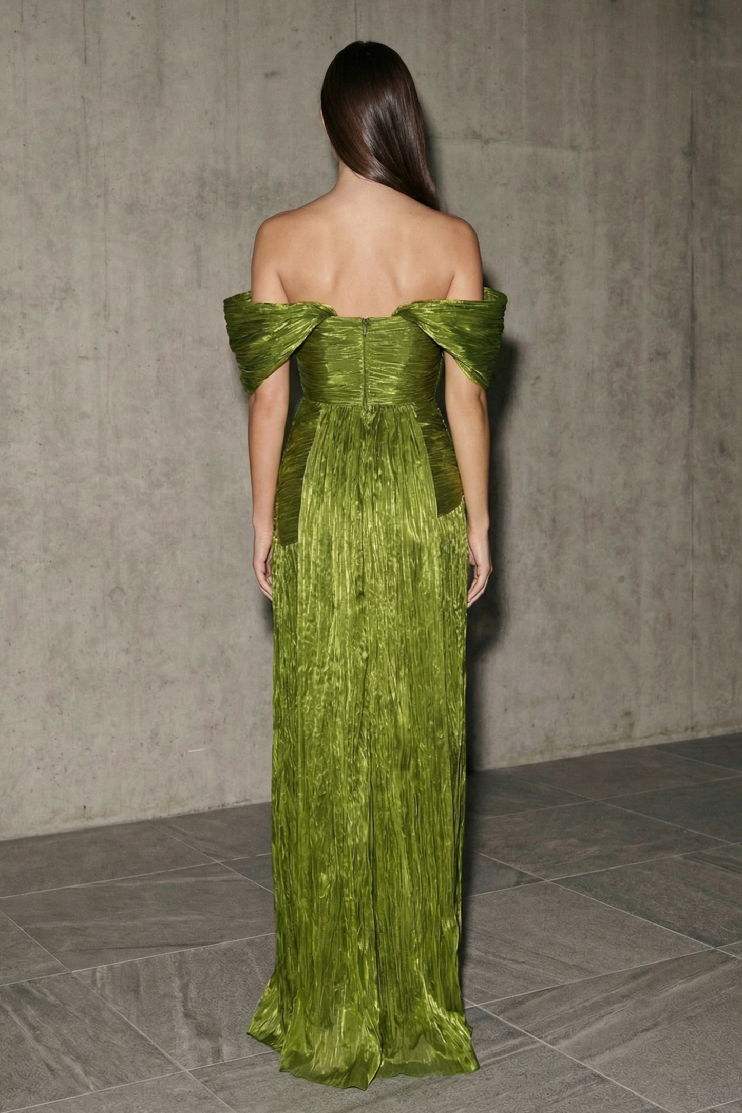 Off-Shoulder Gathering Slit Maxi Dress