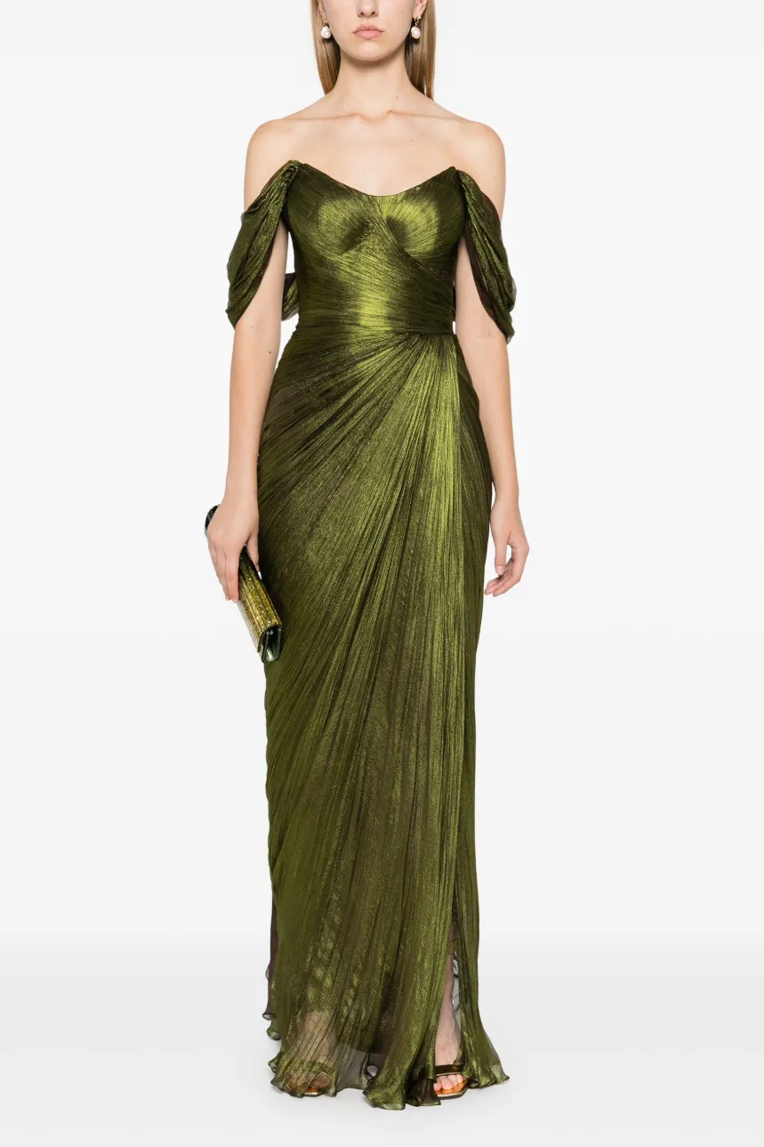 Off-Shoulder Gathering Slit Maxi Dress