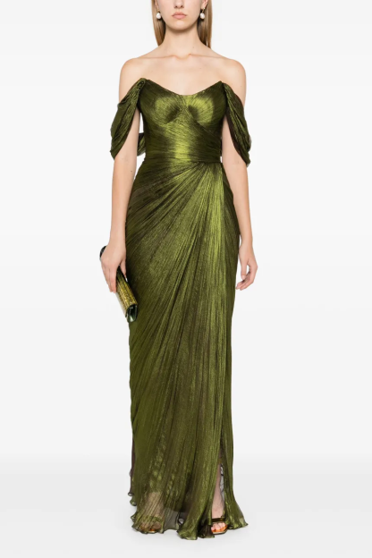 Off-Shoulder Gathering Slit Maxi Dress