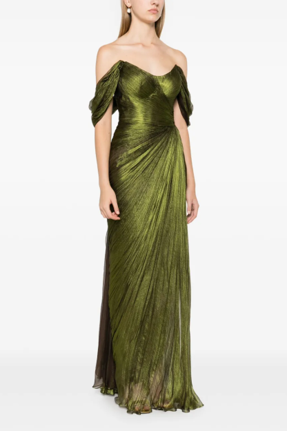 Off-Shoulder Gathering Slit Maxi Dress