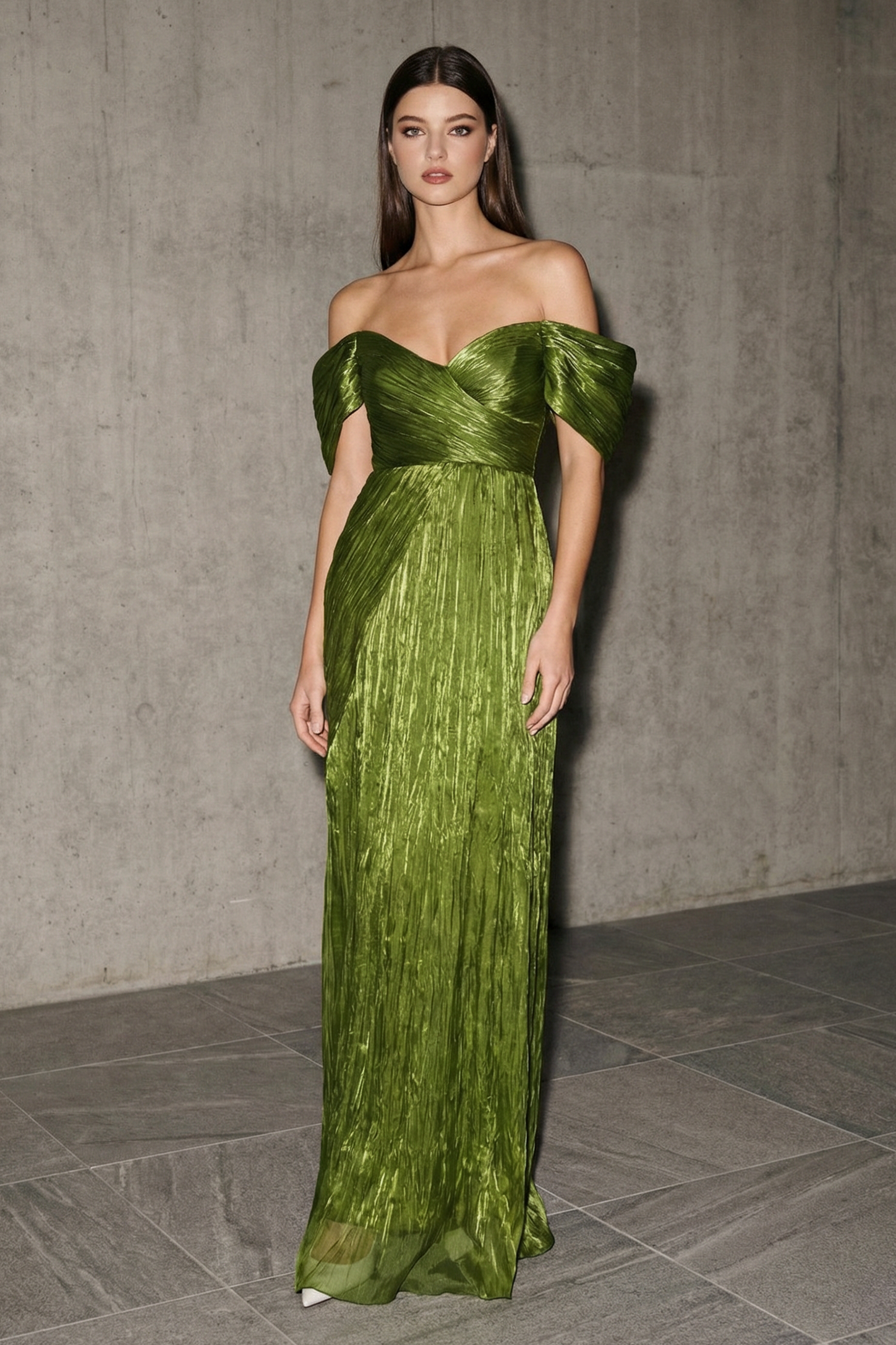 Off-Shoulder Gathering Slit Maxi Dress