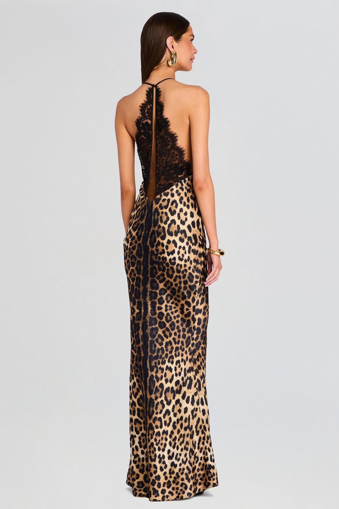 Lace Splicing Satin Leopard Print V-Neck Maxi Dress