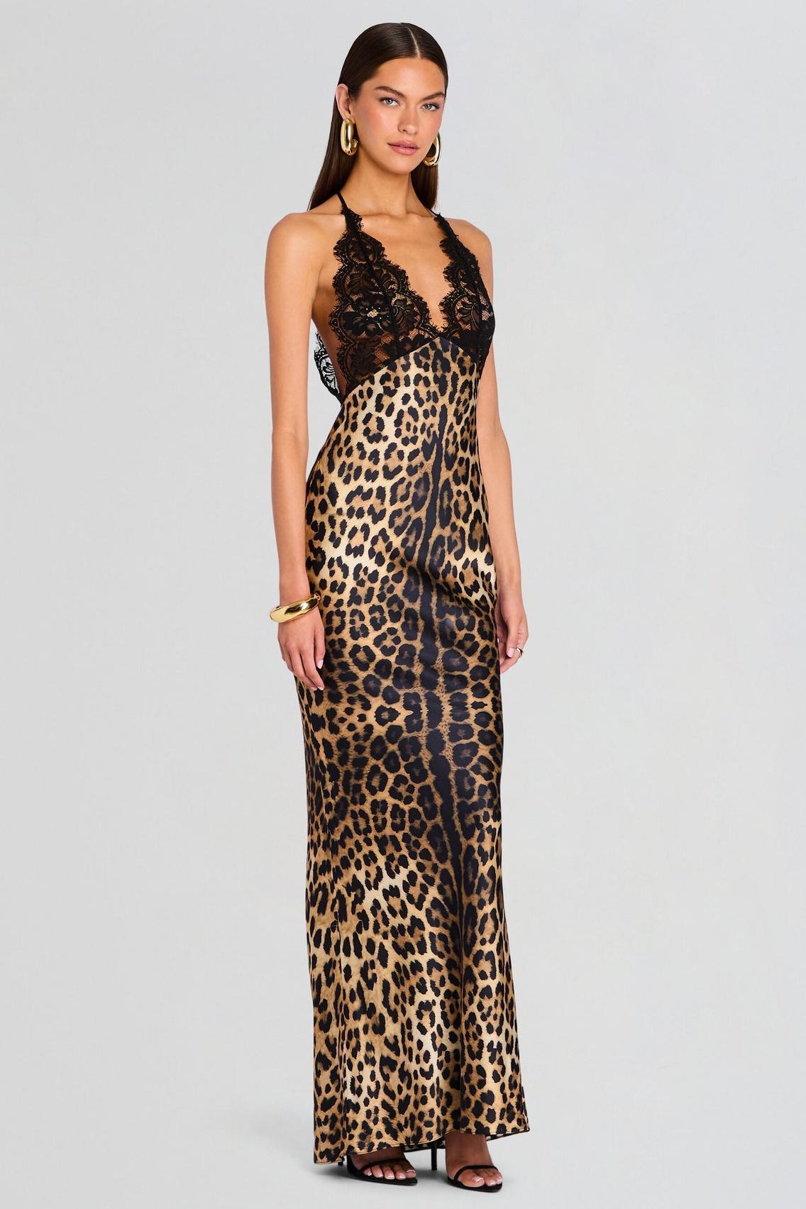 Lace Splicing Satin Leopard Print V-Neck Maxi Dress