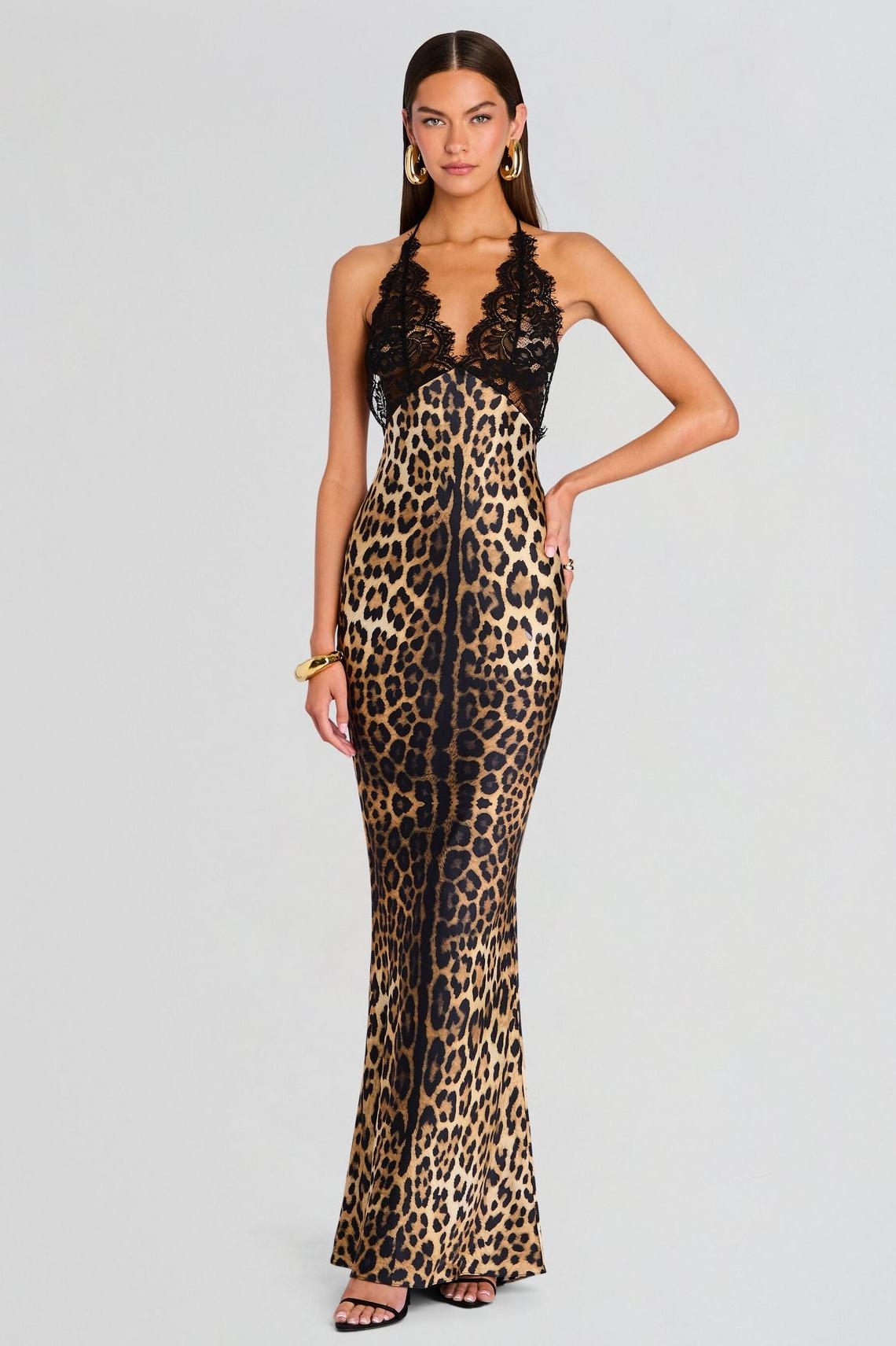Lace Splicing Satin Leopard Print V-Neck Maxi Dress