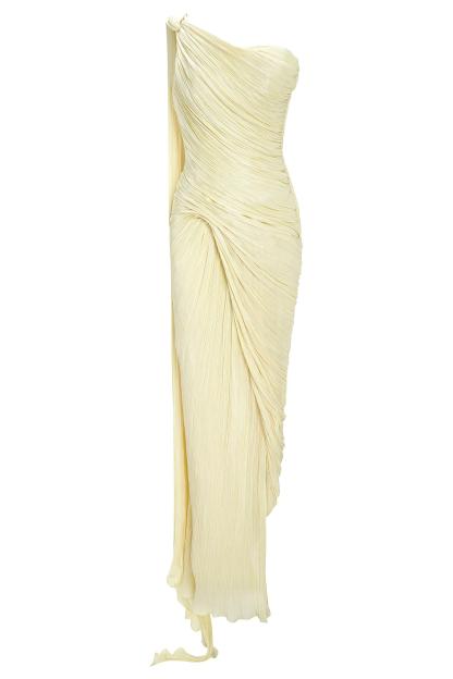 One Shoulder Gathering Slit Maxi Dress