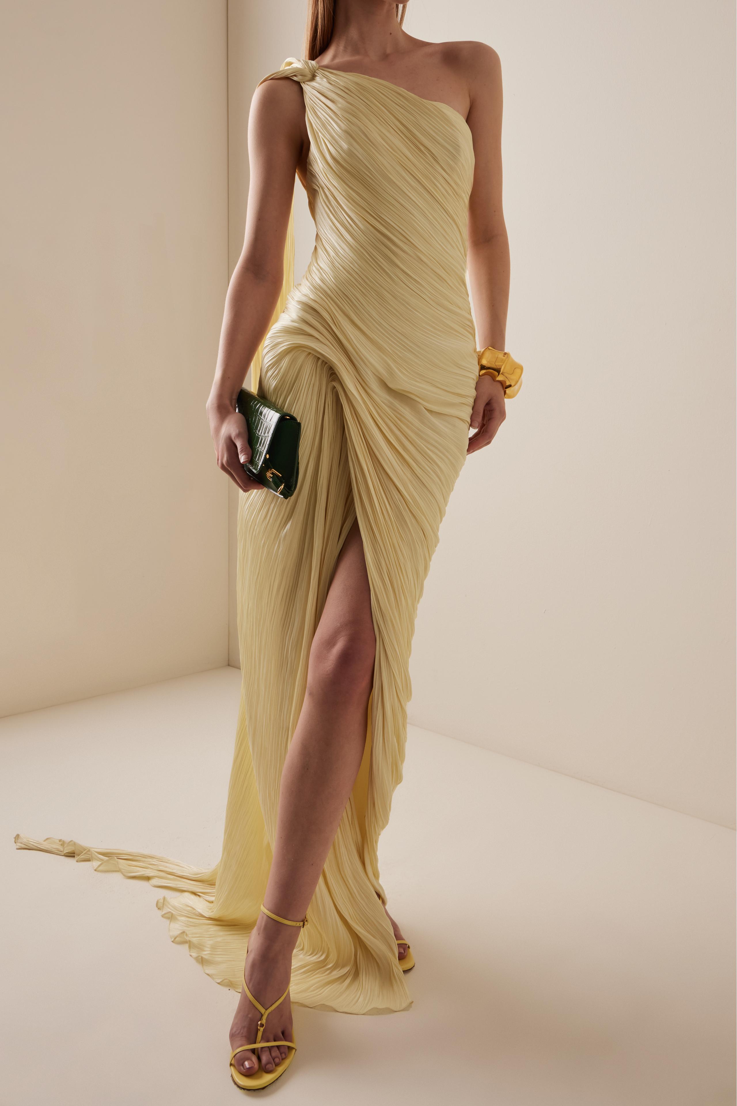One Shoulder Gathering Slit Maxi Dress