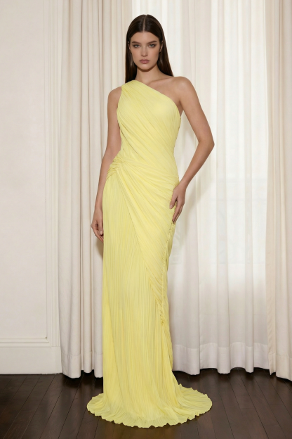 One-Shoulder Gathering Slit Maxi Dress