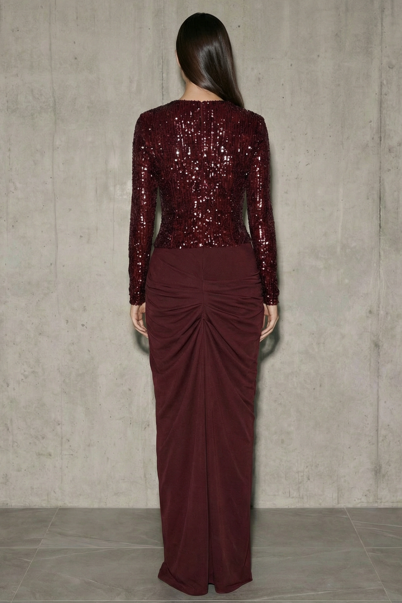 Sequin Long Sleeve Pleated Maxi Dress